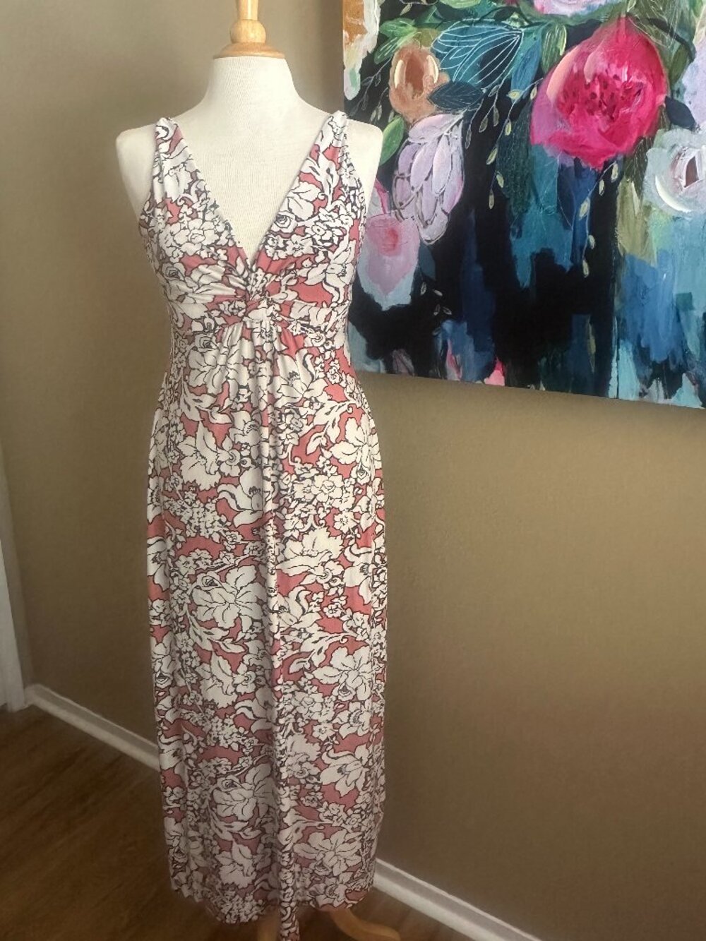 SOMA Floral Maxi Dress M Pink/Salmon Cream Boho Twist Front Flowy Soft Stretch